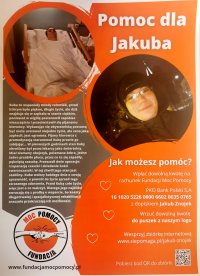 Plakat promujący zbiórkę pieniędzy na rehabilitację Jakuba Znojka