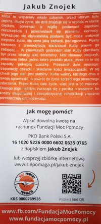 Plakat promujący zbiórkę pieniędzy na rehabilitację Jakuba Znojka