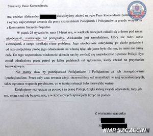 Rodzice zaginionego nastolatka podziękowali szczecińskim policjantom
