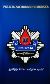 zdjęcie kolorowe przedstawiające logo Policji z kroplą krwi na niebieskim tle