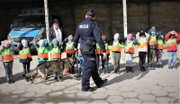 zdjęcie kolorowe na którym widać przedszkolaków którzy zwiedzają jednostkę policji w Szczecinie