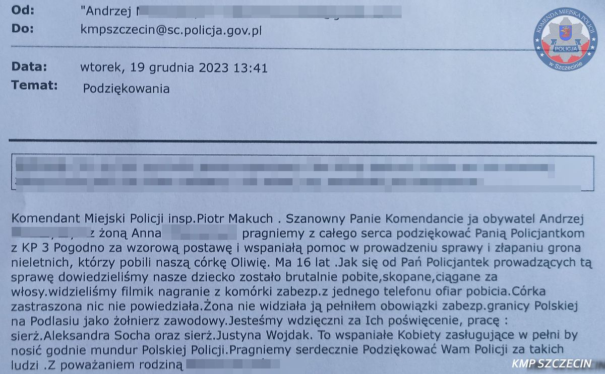 Podziękowania dla policjantek z Komisariatu Policji Szczecin Pogodno