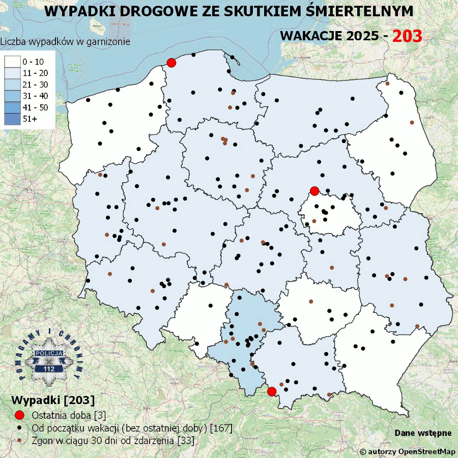Mapa prezentująca liczbę wypadków poprzedniej doby w Polsce. Prezentowane dane są dostępne w tekście poniżej.