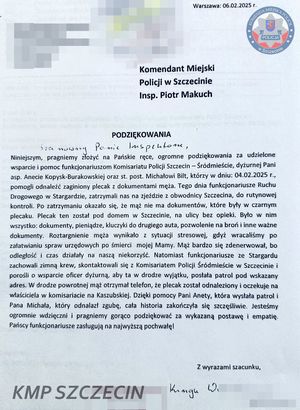 Kolejne podziękowania dla szczecińskich policjantów