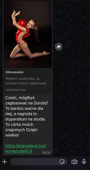 UWAGA! Nowa fala oszustw na komunikatorach. Link z prośbą &quot;Zagłosuj na córkę znajomej&quot; to podstęp, by Cię okraść